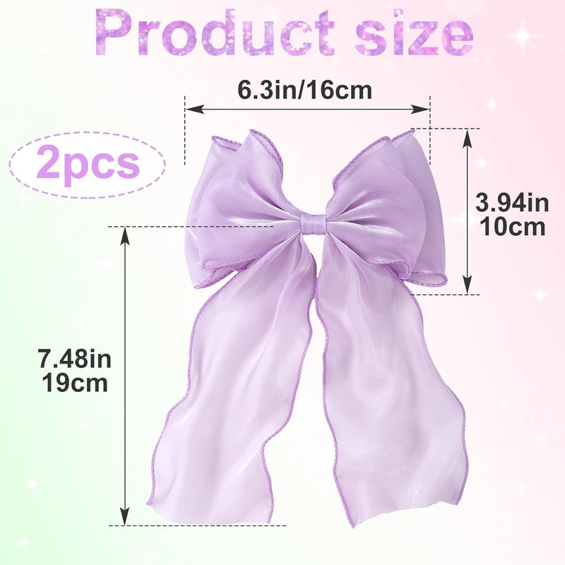 STSTR 2Pcs Large Hair Bow Clips, Purple Silk Yarn Ribbon Bow Hair Barrette for Women, Elegant Long Tail Bowknot French Hair Accessories for Wedding, Parties, Festivals - Image 2